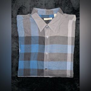 BURBERRY BRIT Men’s button up long sleeve shirt, Gray, Blue, Black Plaid, Sz XXL